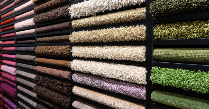 A vertical stand displays multiple carpet samples in different colors and textures, including loop and cut-pile styles.
